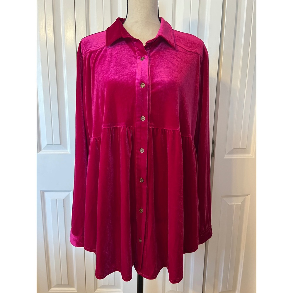 Umgee USA Magenta Pink Velvet Babydoll Button Down Tunic Top XL WA6736
